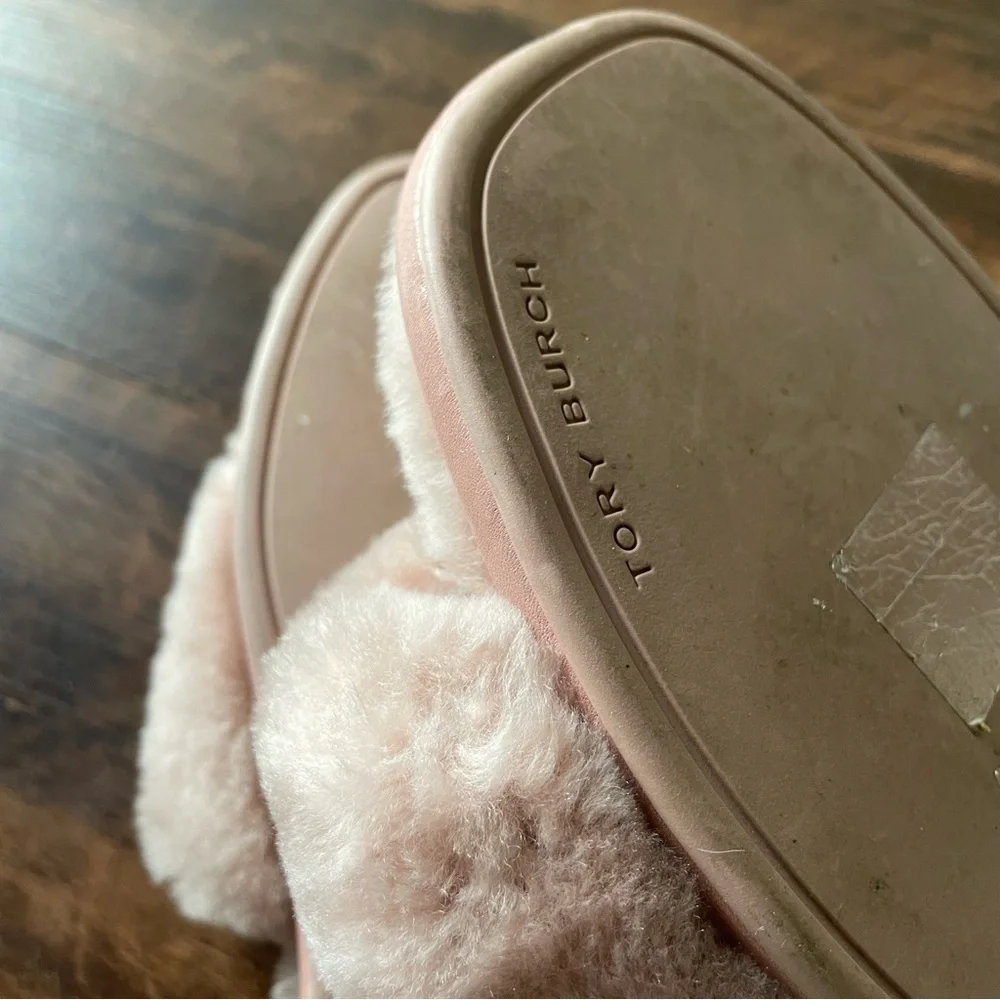 TORY BURCH Everly Jeweled Shearling Double T Shearling Slides in Pink- women’s 7 - Picture 6 of 7